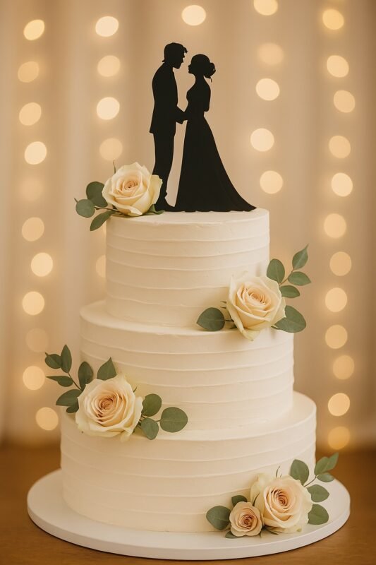 Pastel de boda elegante decorado con flores naturales, disponible en Vilafranca del Penedès