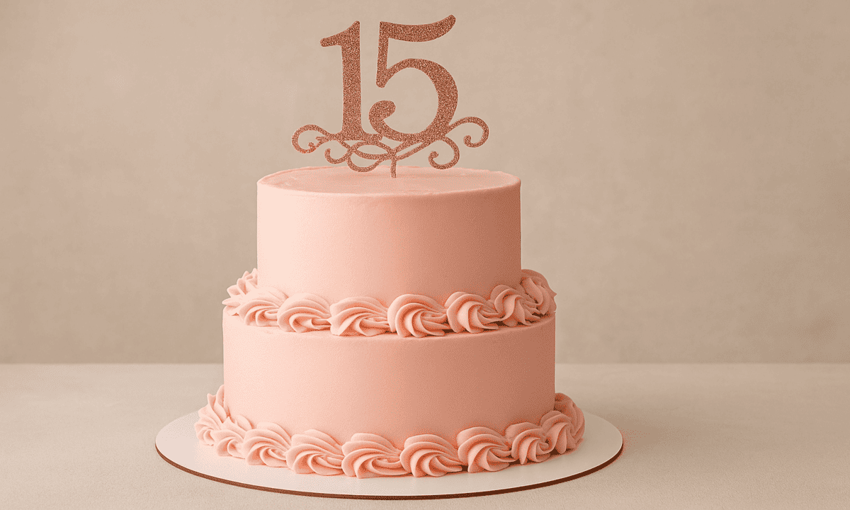Tarta de 15 años de dos pisos decorada en rosa pastel con rosetones de crema y topper dorado con el número 15, ideal para celebraciones en Vilafranca del Penedès.
